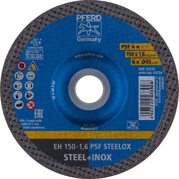 Pferd Abrasive Cut-Off Wheel, Type 27, 6 in Dia, 0.045 in Thick, 7/8 in Arbor Hole Size, Aluminum oxide A 63725 - main